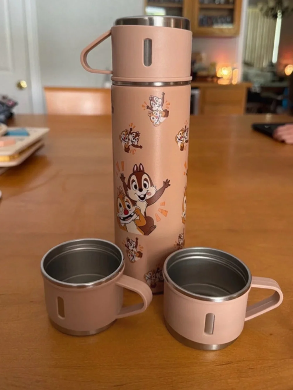 Rose Pink Disney Chip N Dale Stainless Steel Thermos Bottle with Cups